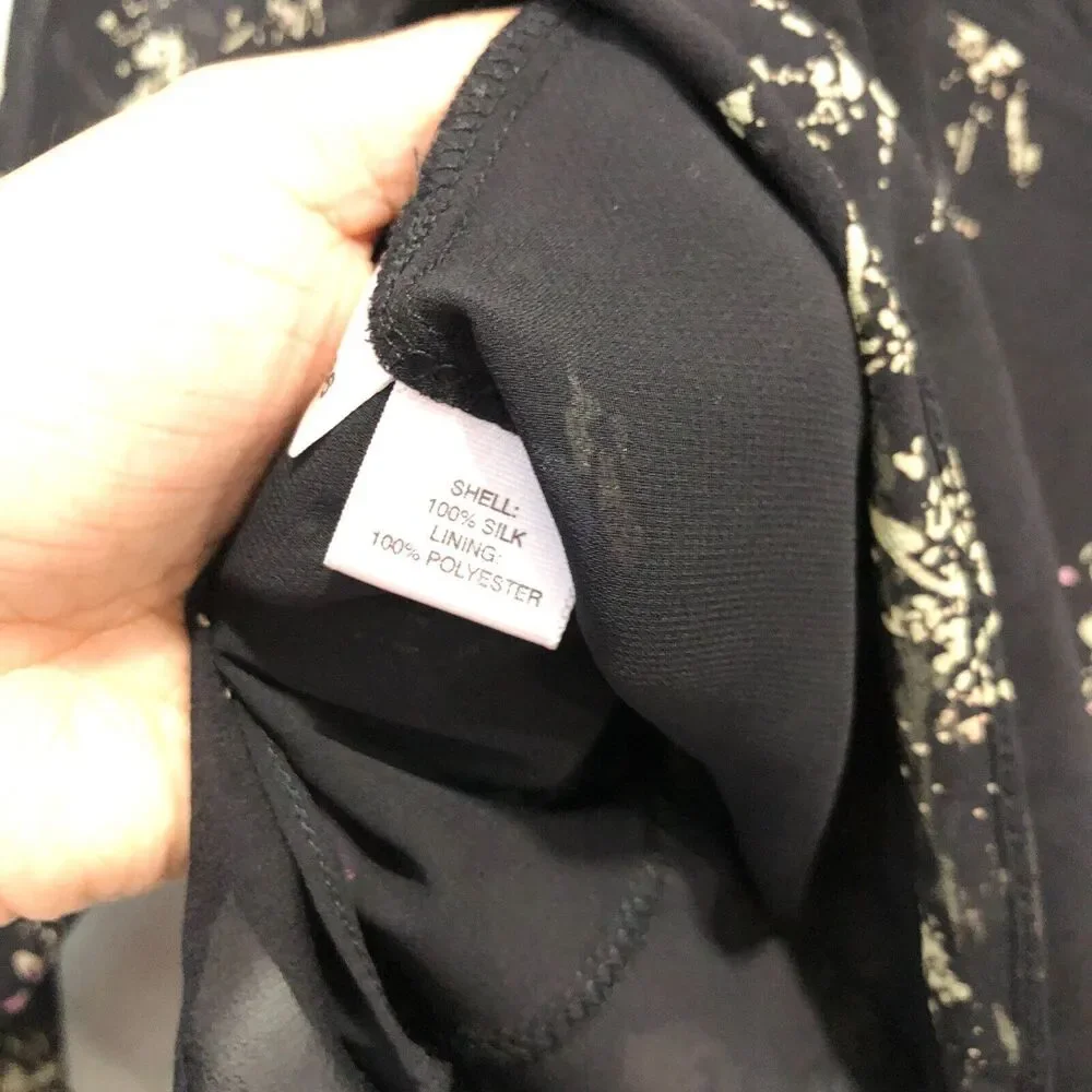 ann taylor 100% silk top xs small black leaves splat sheer chiffon dressy chic - Picture 4 of 14
